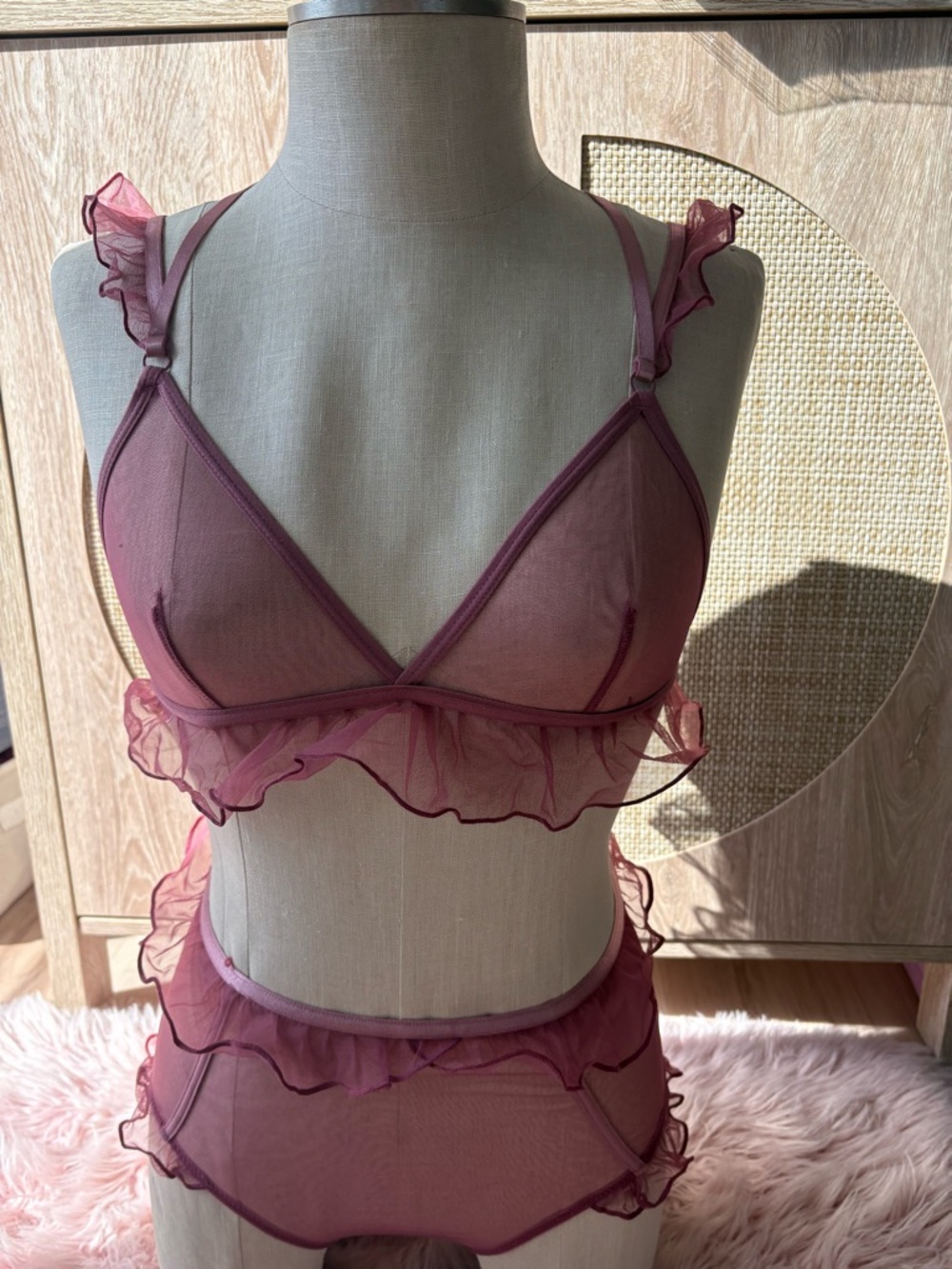 New Look Dusty Mauve Sheer Ruffle Bralette & High-Waist Brief Set